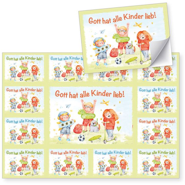 Aufkleber-Gruß-Karten: Gott hat alle Kinder lieb! 4 Stück