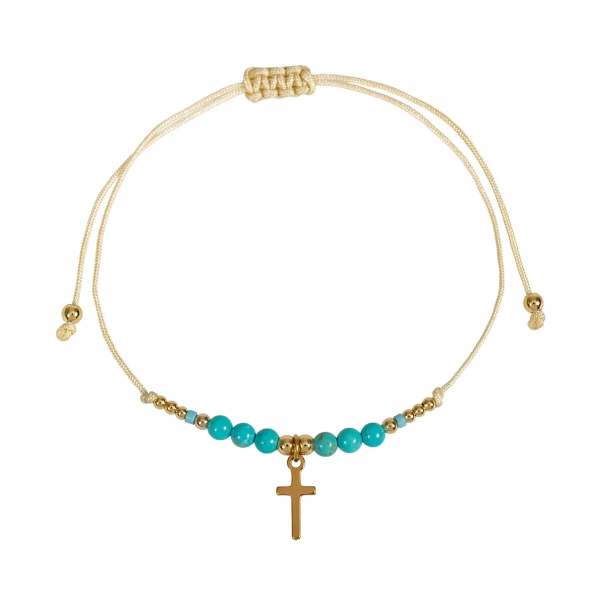 Armband Textil "Perlen/Kreuz/Edelstahl" - gold/türkis